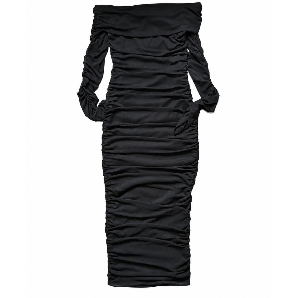 Black Off Shoulder Ruched Bodycon Dress Long Mesh Sleeves Size S